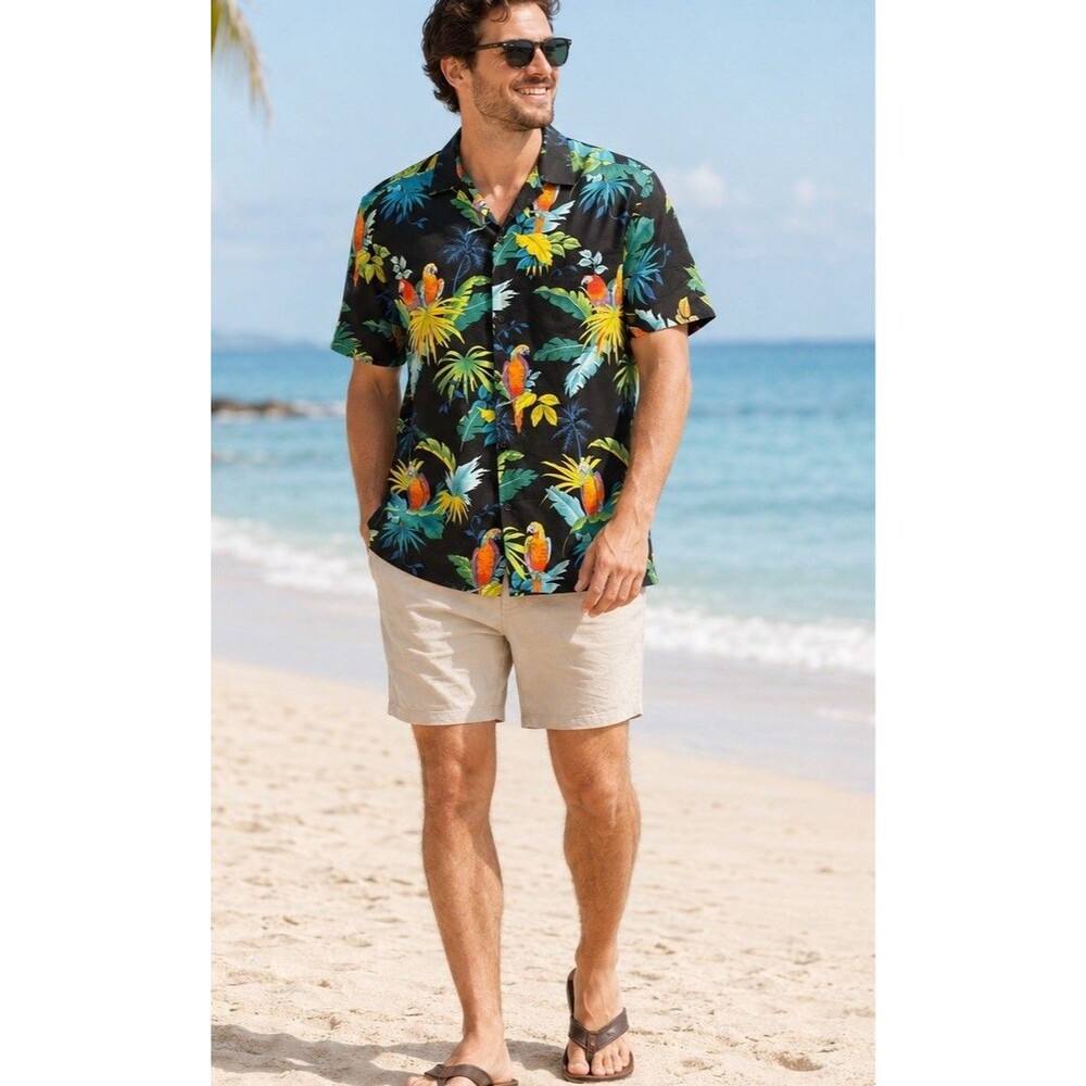 Happy Bay Aloha Hawaiian Shirt Men’s Large XXL Tropical Beach PARROTS Vintage